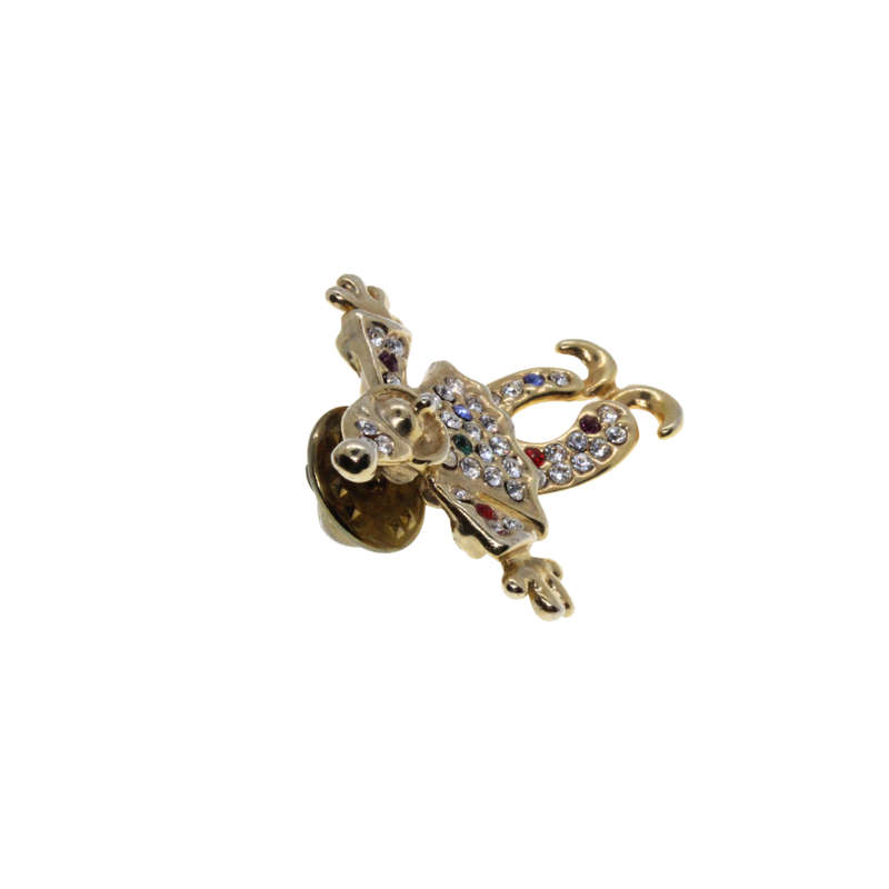 Brooch - Gold Tone Vintage Clown with movable body. Clear & Green Rhinestones - ML2707