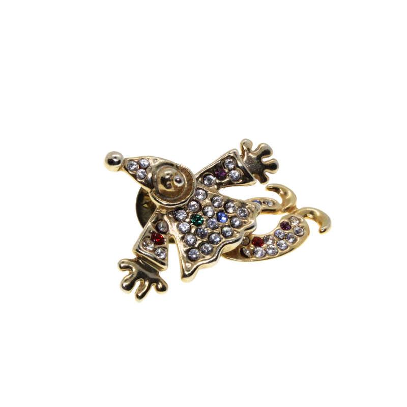 Brooch - Gold Tone Vintage Clown with movable body. Clear & Green Rhinestones - ML2707