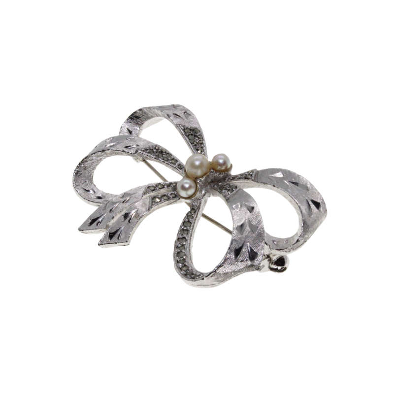 Brooch - Silver Tone Marcasite with Pearls Bow Knot Design - ML2708