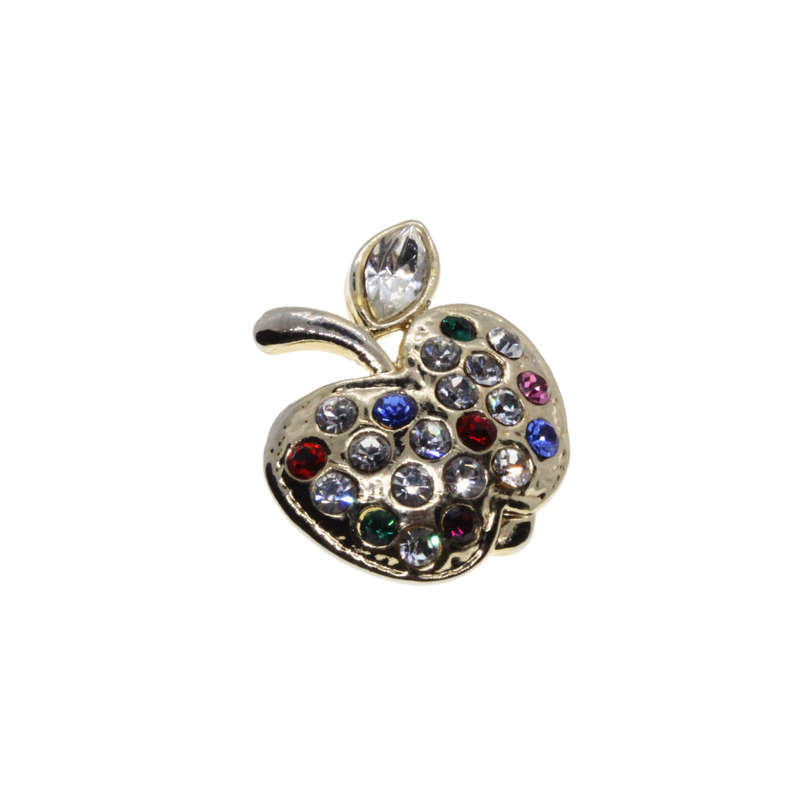 Brooch - Gold Tone Apple Design with Red, Clear, Green, Blue & Pink Rhinestones - ML2710