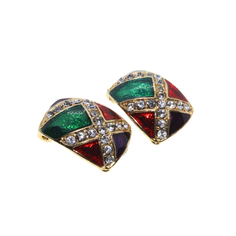 Earrings - Gold Tone Geometric Clip Ons. Clear Rhinestones with Mardi Gras Coloured Enamel - ML2711