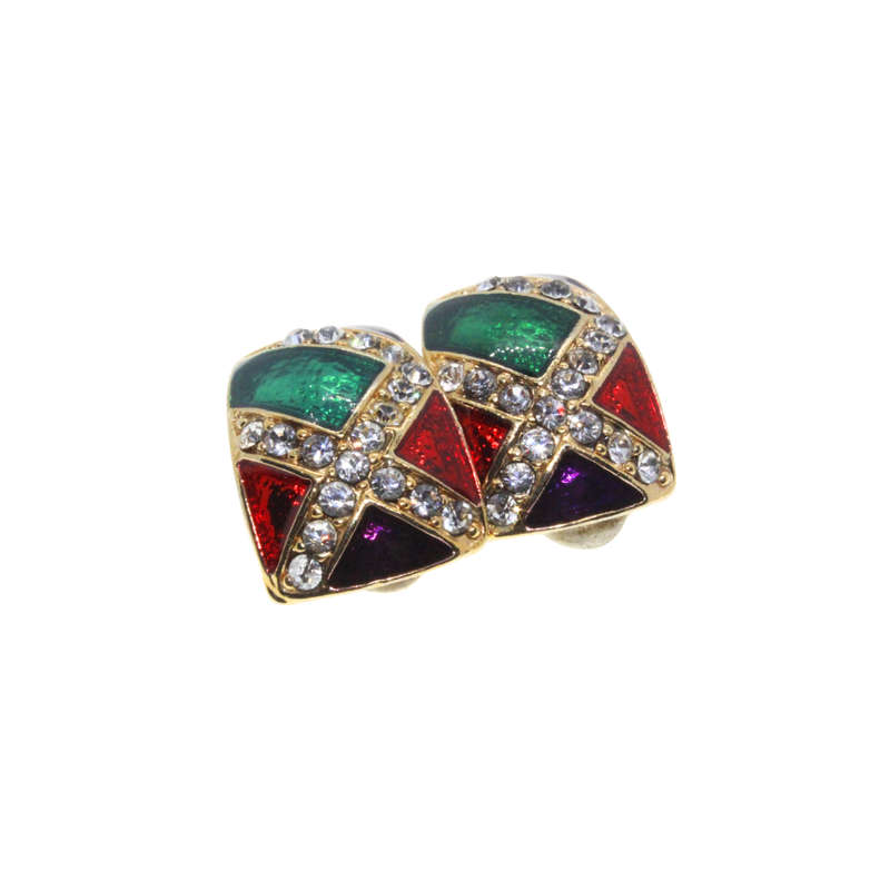 Earrings - Gold Tone Geometric Clip Ons. Clear Rhinestones with Mardi Gras Coloured Enamel - ML2711