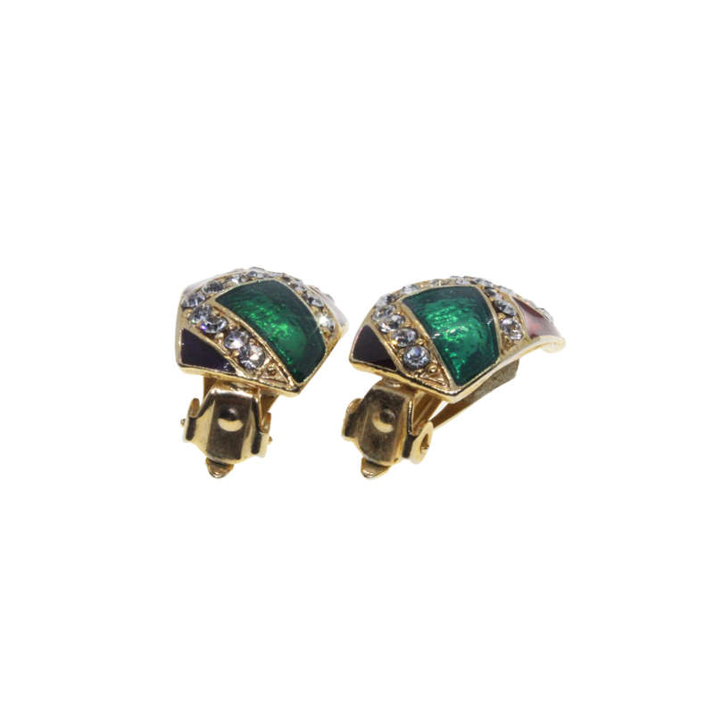 Earrings - Gold Tone Geometric Clip Ons. Clear Rhinestones with Mardi Gras Coloured Enamel - ML2711