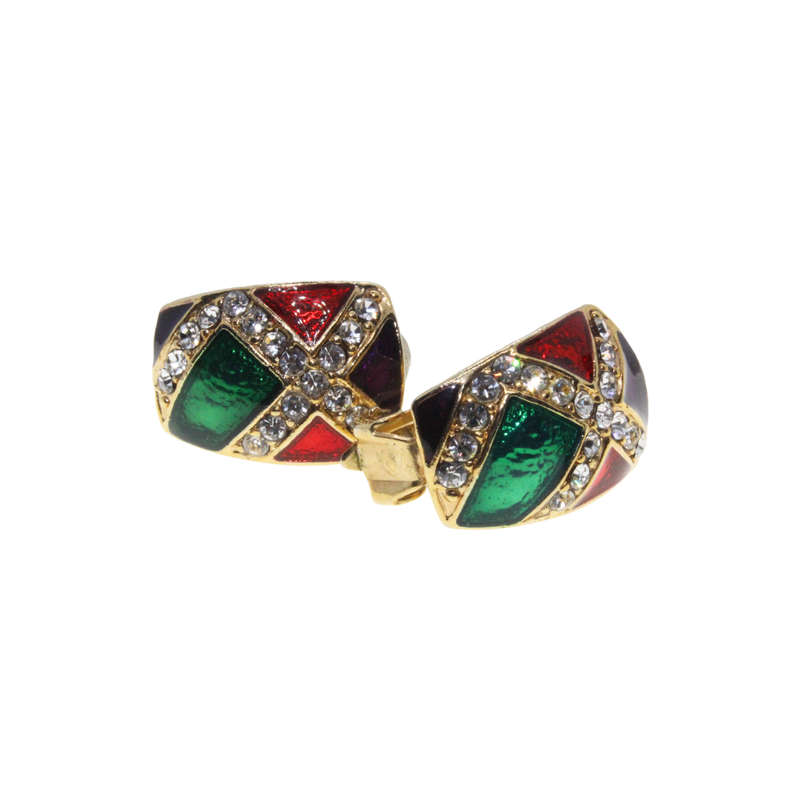 Earrings - Gold Tone Geometric Clip Ons. Clear Rhinestones with Mardi Gras Coloured Enamel - ML2711