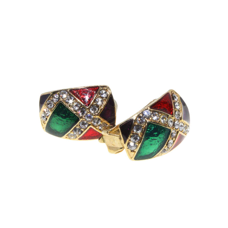 Earrings - Gold Tone Geometric Clip Ons. Clear Rhinestones with Mardi Gras Coloured Enamel - ML2711