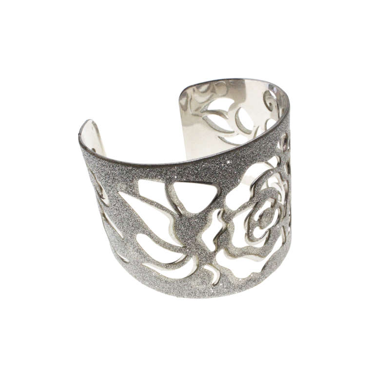Bangle - Silver Tone Detailed Rose Cut-Out Bangle - ML2723