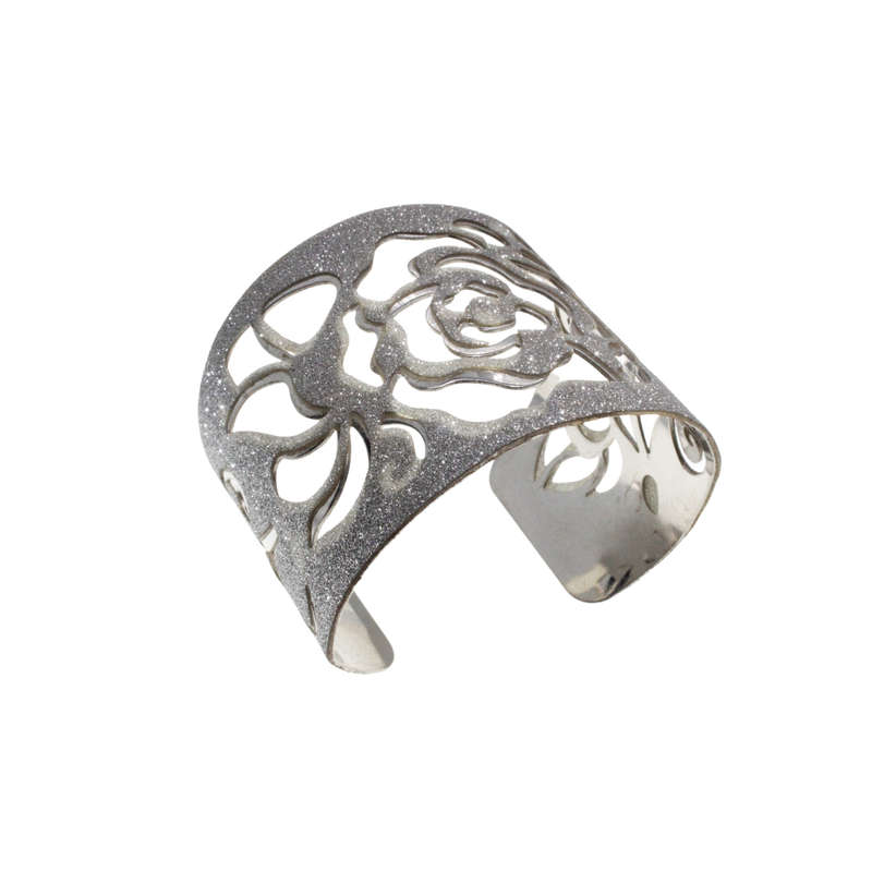 Bangle - Silver Tone Detailed Rose Cut-Out Bangle - ML2723