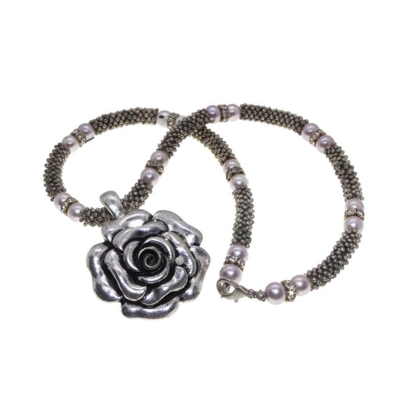 Silver Tone - Mesh Necklace. Faux Pearls/Diamantes. Rose Pendant. - ML2726