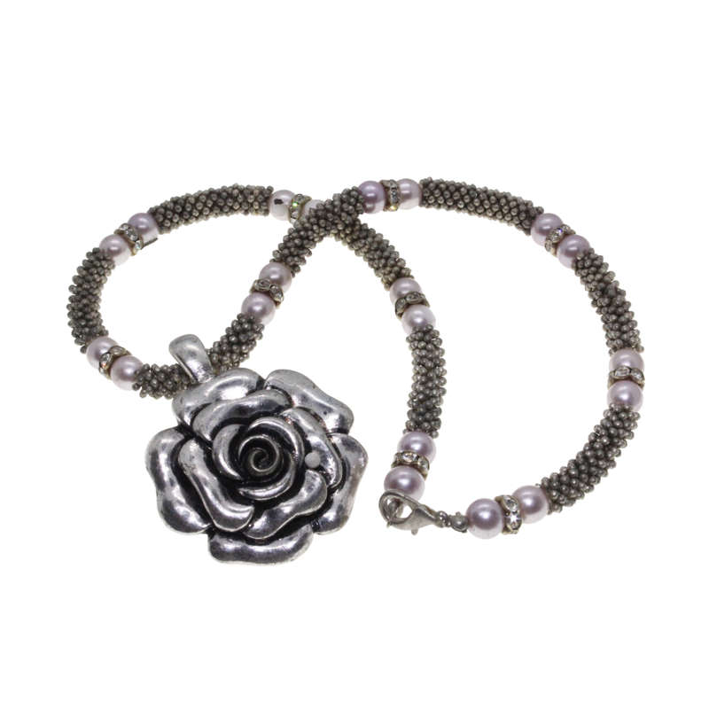 Silver Tone - Mesh Necklace. Faux Pearls/Diamantes. Rose Pendant. - ML2726