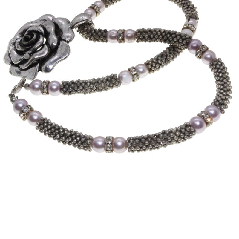 Silver Tone - Mesh Necklace. Faux Pearls/Diamantes. Rose Pendant. - ML2726