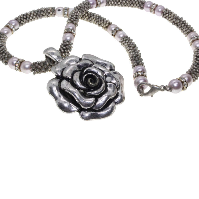 Silver Tone - Mesh Necklace. Faux Pearls/Diamantes. Rose Pendant. - ML2726