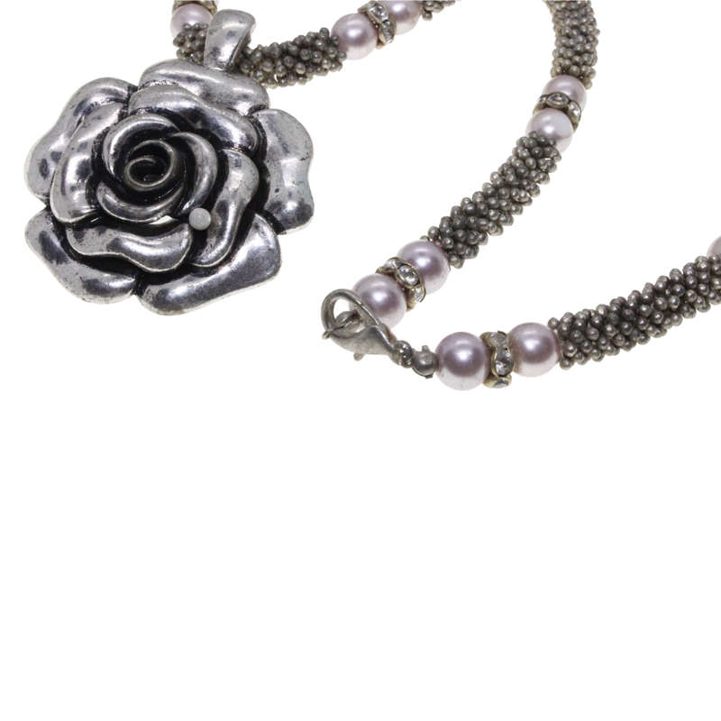 Silver Tone - Mesh Necklace. Faux Pearls/Diamantes. Rose Pendant. - ML2726