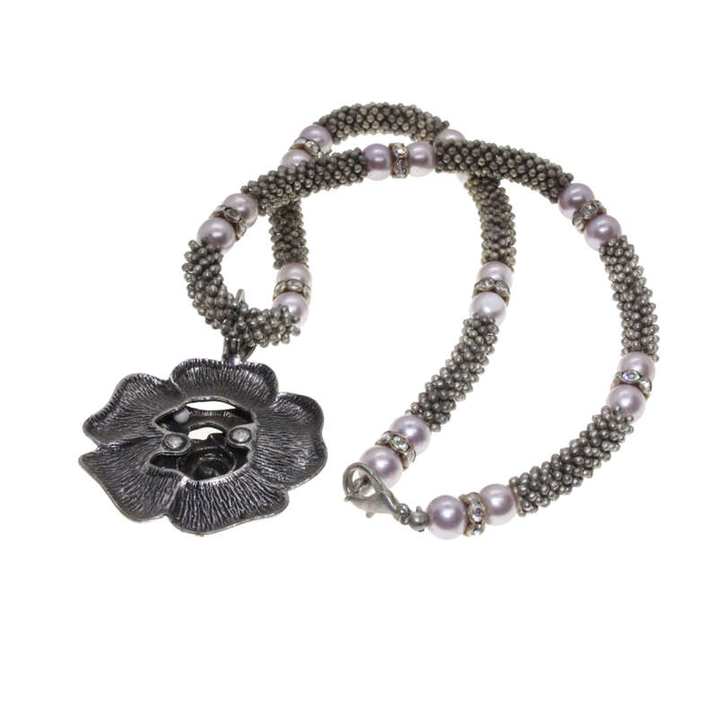 Silver Tone - Mesh Necklace. Faux Pearls/Diamantes. Rose Pendant. - ML2726