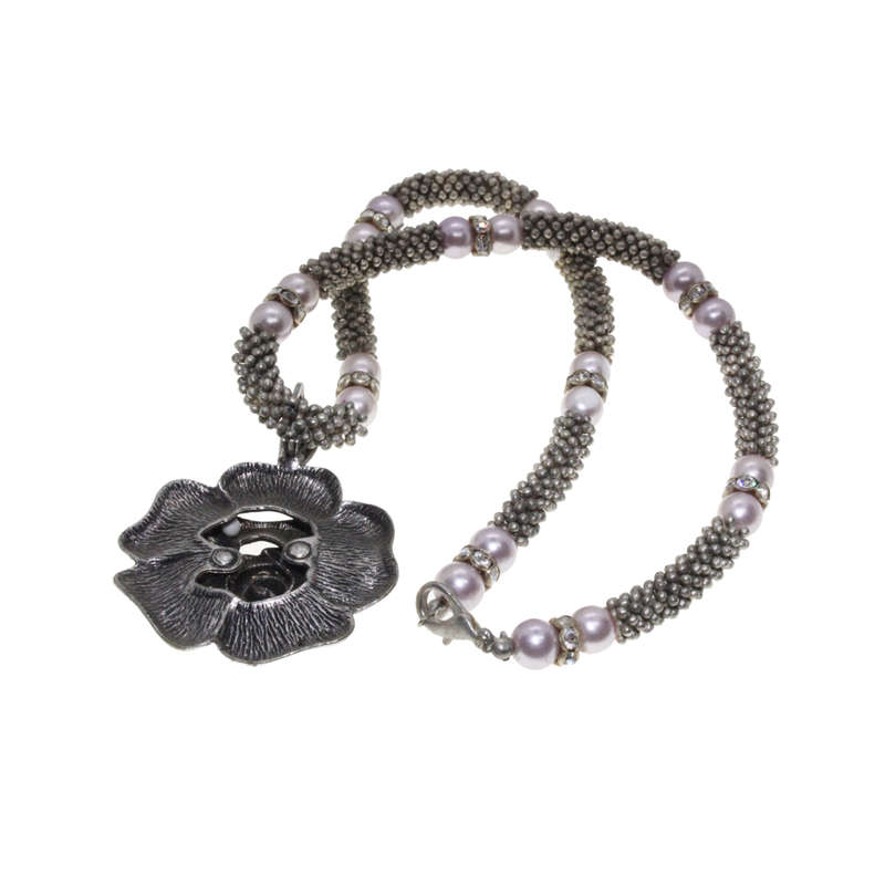 Silver Tone - Mesh Necklace. Faux Pearls/Diamantes. Rose Pendant. - ML2726
