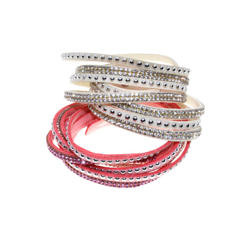 Bracelet - Suede Wrap Around Bracelets with Diamantes . One Pink One Cream. - ML2727
