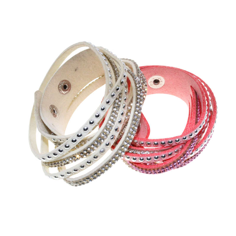 Bracelet - Suede Wrap Around Bracelets with Diamantes . One Pink One Cream. - ML2727