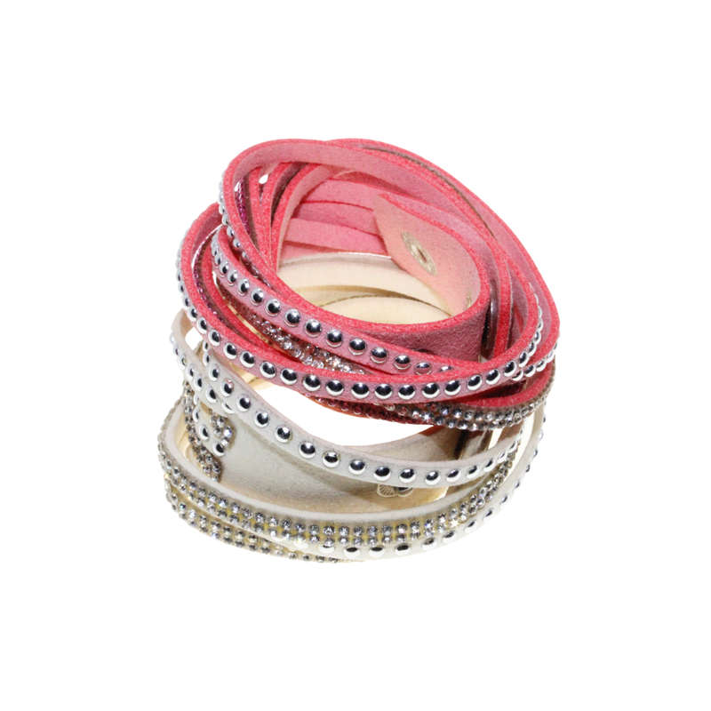 Bracelet - Suede Wrap Around Bracelets with Diamantes . One Pink One Cream. - ML2727