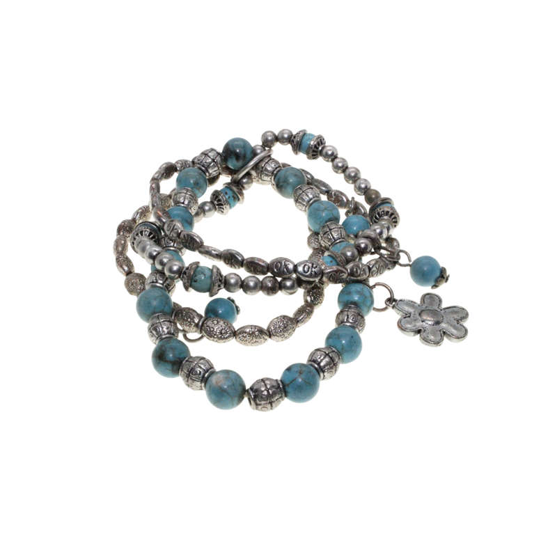 Bracelets - Silver Tone, Stretch Turqoise/Silver beads. Set of 4. - ML2732