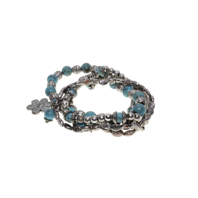 Bracelets - Silver Tone, Stretch Turqoise/Silver beads. Set of 4. - ML2732