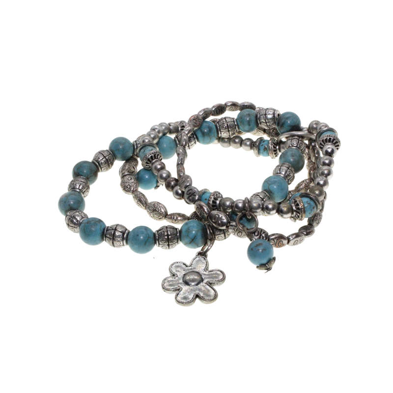 Bracelets - Silver Tone, Stretch Turqoise/Silver beads. Set of 4. - ML2732
