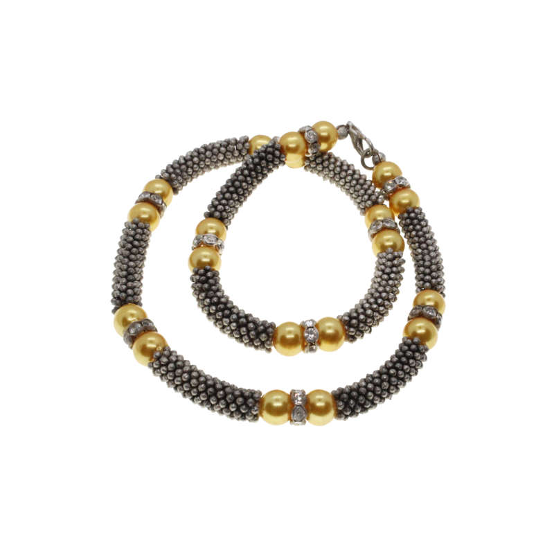 Necklace - Silver Tone Mesh Choker. Yellow Beads. Diamantes - ML2734