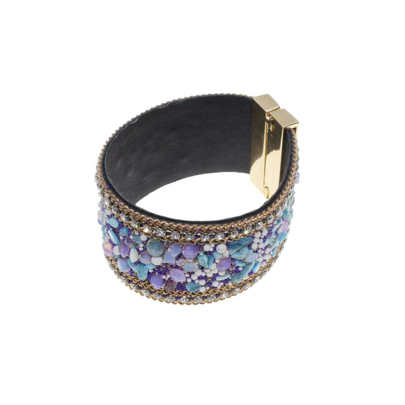 Bangle - Gold Tone Detailed Multi-Colour Beaded Bangle. Pleather Strap. Magnetic Clasp - ML2735