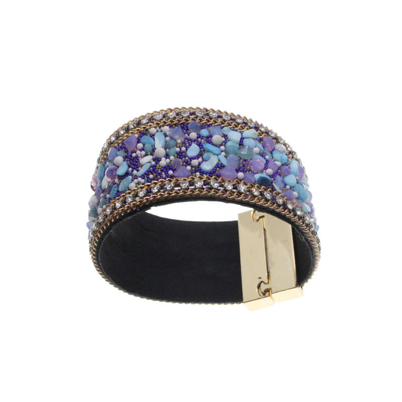 Bangle - Gold Tone Detailed Multi-Colour Beaded Bangle. Pleather Strap. Magnetic Clasp - ML2735