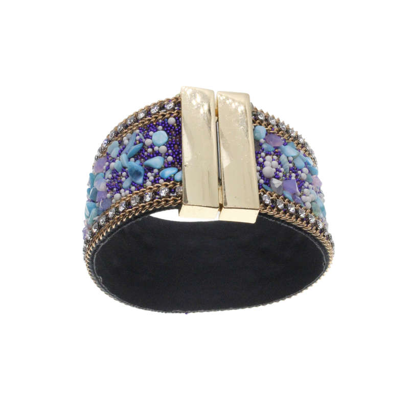 Bangle - Gold Tone Detailed Multi-Colour Beaded Bangle. Pleather Strap. Magnetic Clasp - ML2735