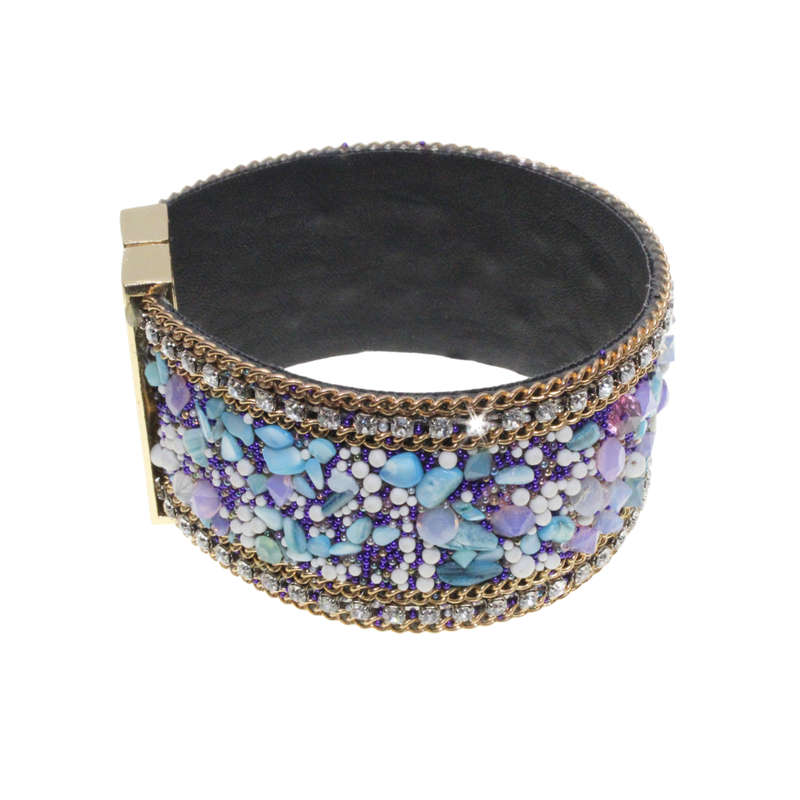 Bangle - Gold Tone Detailed Multi-Colour Beaded Bangle. Pleather Strap. Magnetic Clasp - ML2735