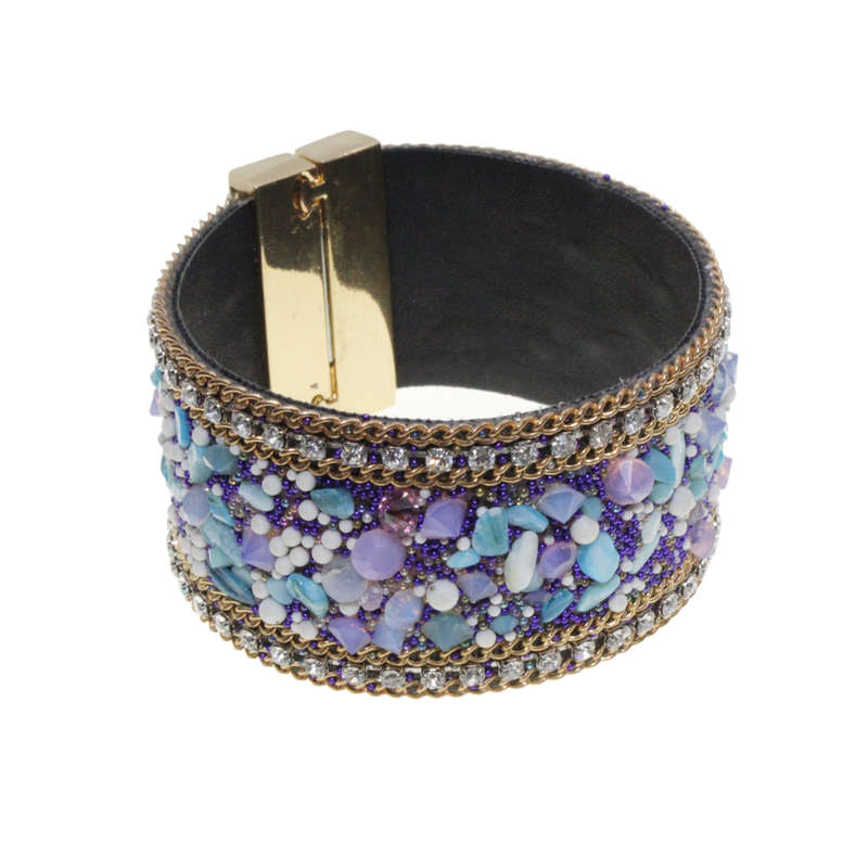 Bangle - Gold Tone Detailed Multi-Colour Beaded Bangle. Pleather Strap. Magnetic Clasp - ML2735
