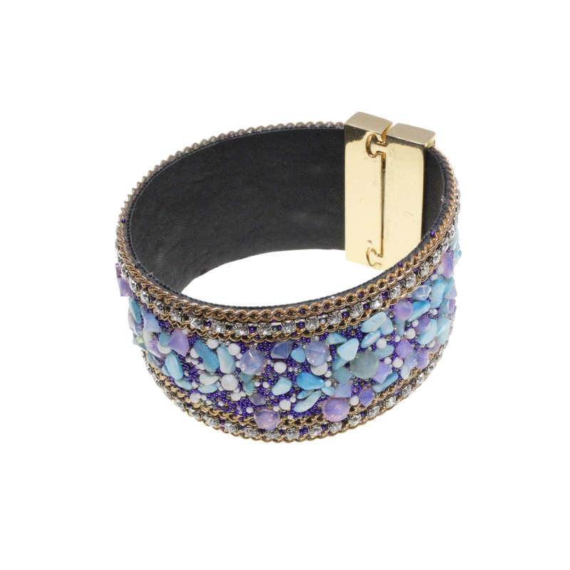 Bangle - Gold Tone Detailed Multi-Colour Beaded Bangle. Pleather Strap. Magnetic Clasp - ML2735