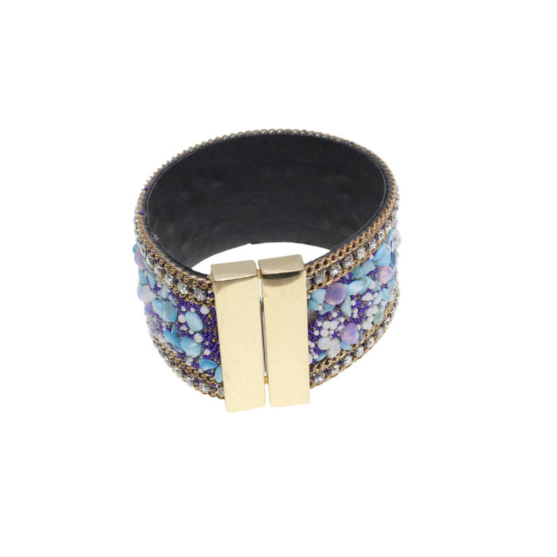 Bangle - Gold Tone Detailed Multi-Colour Beaded Bangle. Pleather Strap. Magnetic Clasp - ML2735
