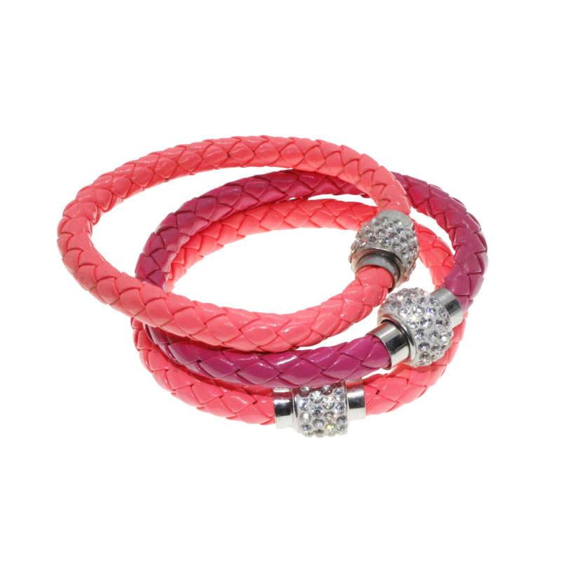 Bangle - Silver Tone Diamante Bead. 3 x Fashion Braided Pink Leather Bangles - ML2737