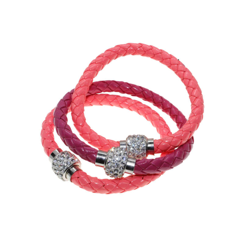 Bangle - Silver Tone Diamante Bead. 3 x Fashion Braided Pink Leather Bangles - ML2737
