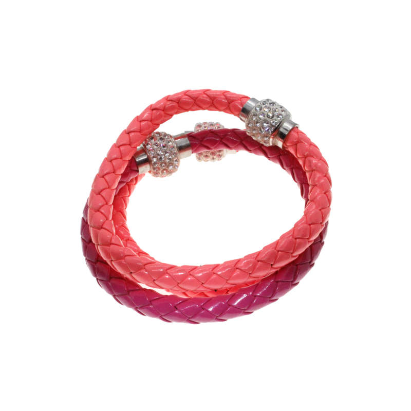 Bangle - Silver Tone Diamante Bead. 3 x Fashion Braided Pink Leather Bangles - ML2737
