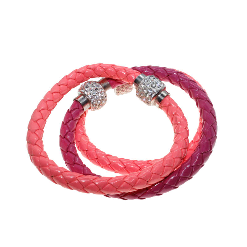 Bangle - Silver Tone Diamante Bead. 3 x Fashion Braided Pink Leather Bangles - ML2737