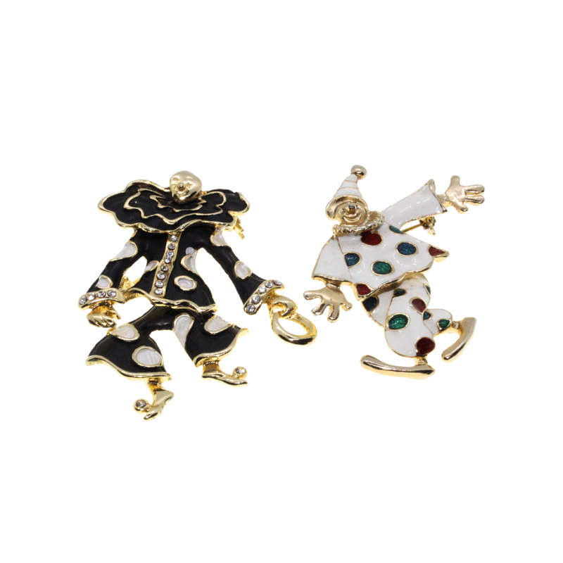 Brooch - Gold Tone Clear Rhinestones, Black & White Enamel Clown Duo. Articulated Legs - ML2738