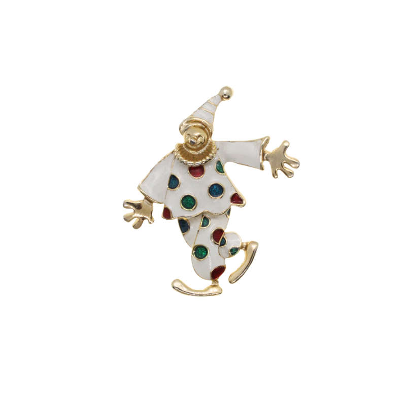 Brooch - Gold Tone Clear Rhinestones, Black & White Enamel Clown Duo. Articulated Legs - ML2738