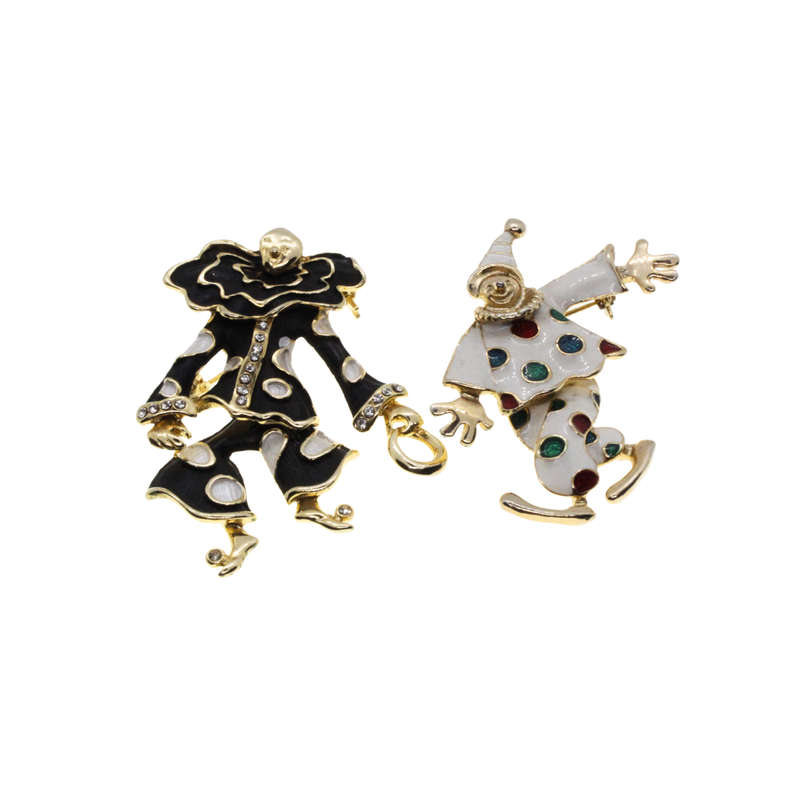 Brooch - Gold Tone Clear Rhinestones, Black & White Enamel Clown Duo. Articulated Legs - ML2738