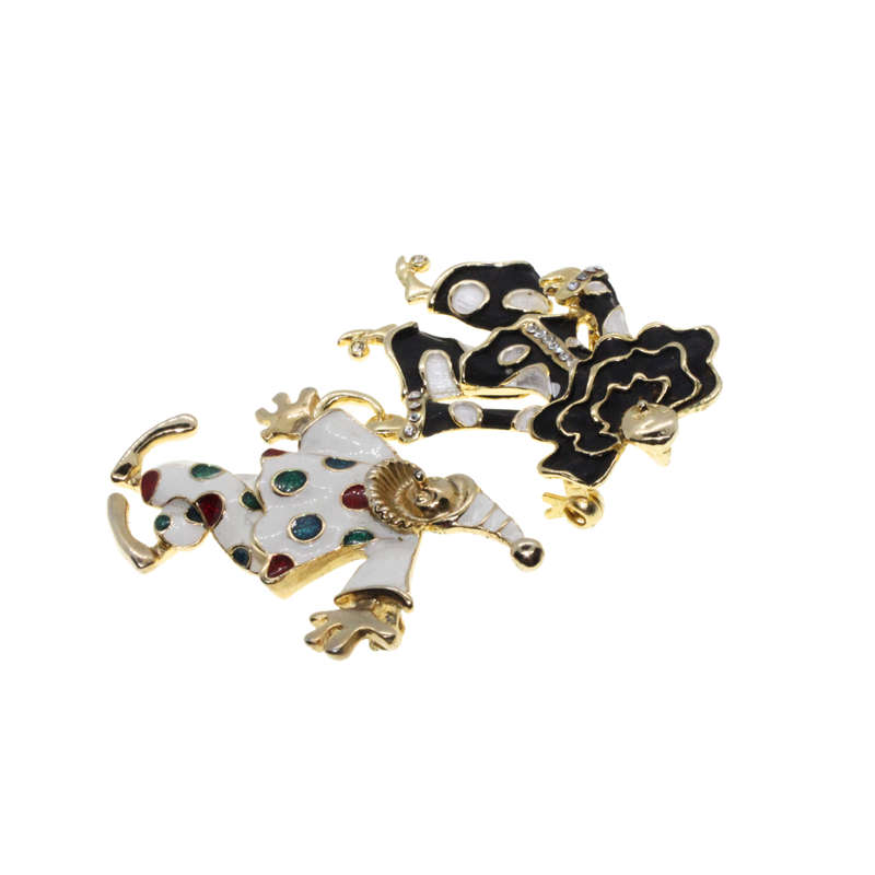 Brooch - Gold Tone Clear Rhinestones, Black & White Enamel Clown Duo. Articulated Legs - ML2738