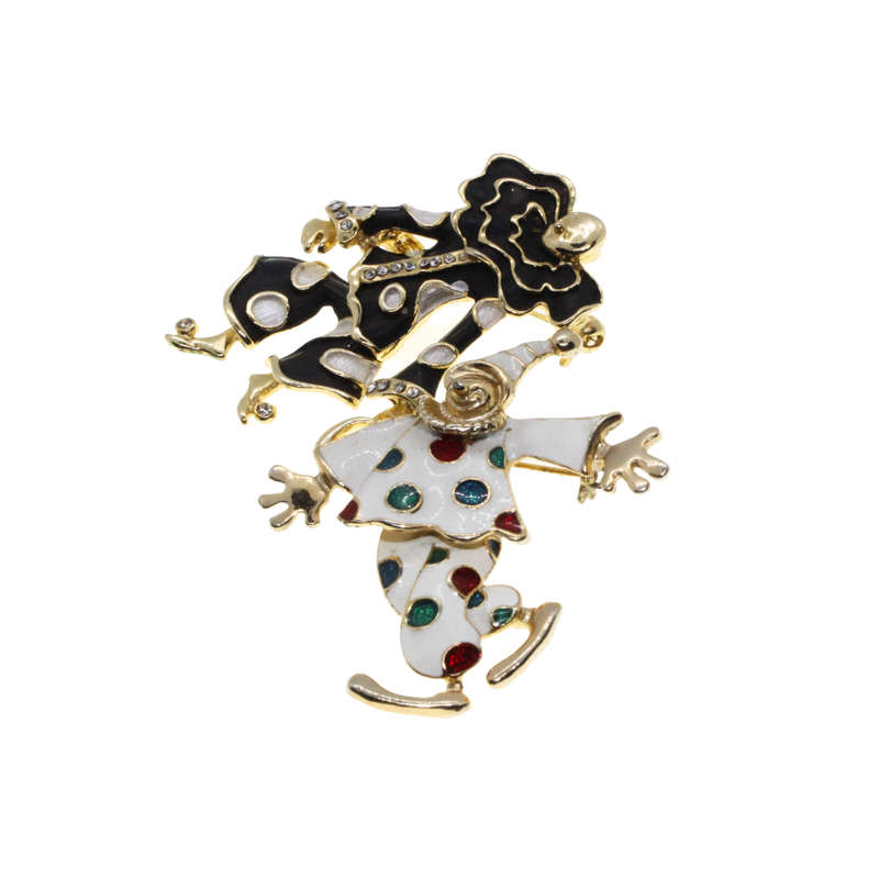 Brooch - Gold Tone Clear Rhinestones, Black & White Enamel Clown Duo. Articulated Legs - ML2738