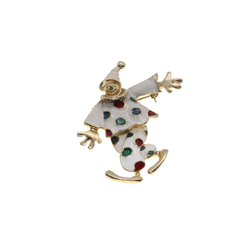 Brooch - Gold Tone Clear Rhinestones, Black & White Enamel Clown Duo. Articulated Legs - ML2738
