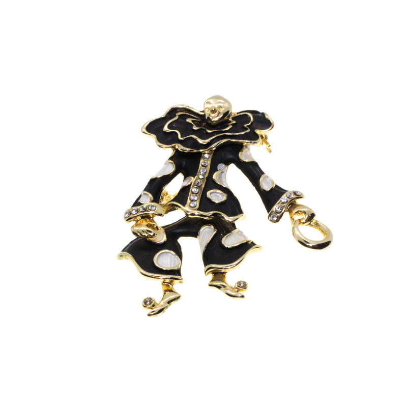Brooch - Gold Tone Clear Rhinestones, Black & White Enamel Clown Duo. Articulated Legs - ML2738