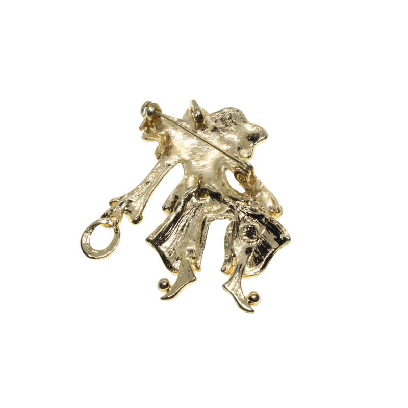 Brooch - Gold Tone Clear Rhinestones, Black & White Enamel Clown Duo. Articulated Legs - ML2738