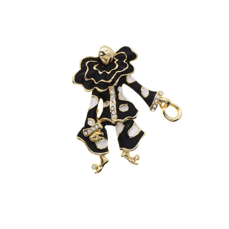 Brooch - Gold Tone Clear Rhinestones, Black & White Enamel Clown Duo. Articulated Legs - ML2738