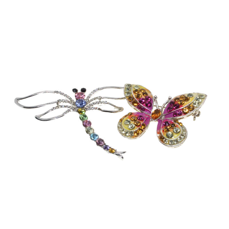 Brooch -  Silver Tone. Colourful Butterfly and Dragon Fly. Rhinestones. - ML2739