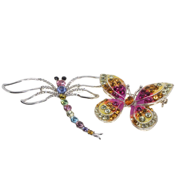 Brooch -  Silver Tone. Colourful Butterfly and Dragon Fly. Rhinestones. - ML2739