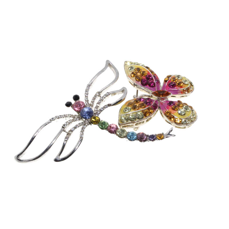 Brooch -  Silver Tone. Colourful Butterfly and Dragon Fly. Rhinestones. - ML2739