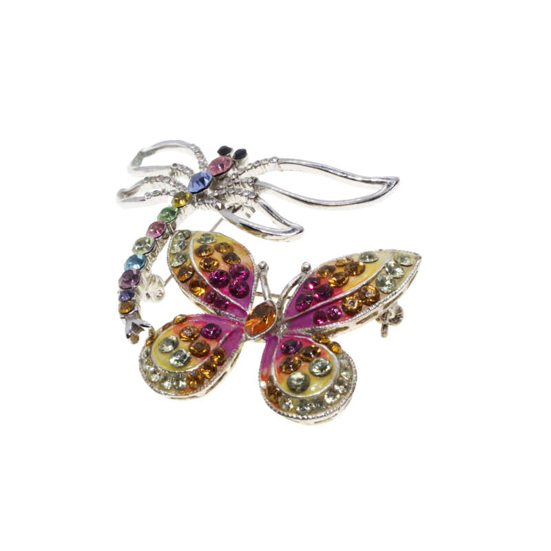 Brooch -  Silver Tone. Colourful Butterfly and Dragon Fly. Rhinestones. - ML2739