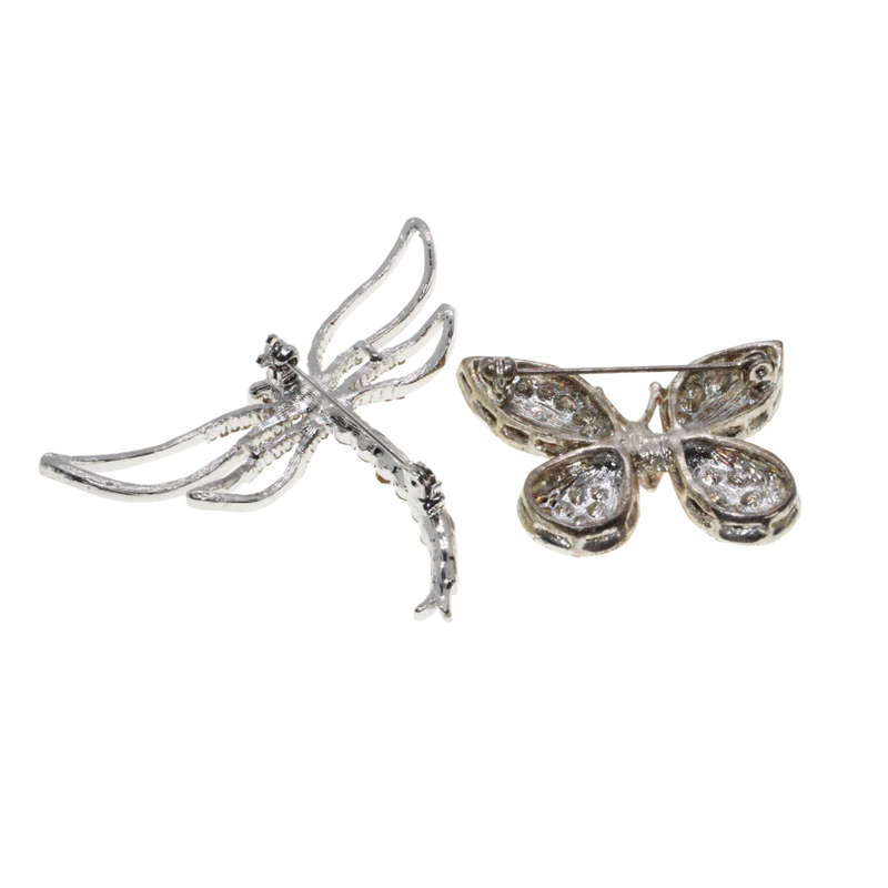 Brooch -  Silver Tone. Colourful Butterfly and Dragon Fly. Rhinestones. - ML2739